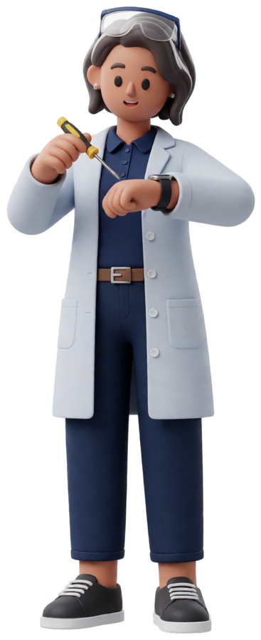 Illustrated engineer inspecting a small device