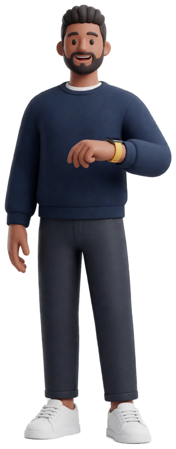 Illustrated founder checking a wrist-worn device