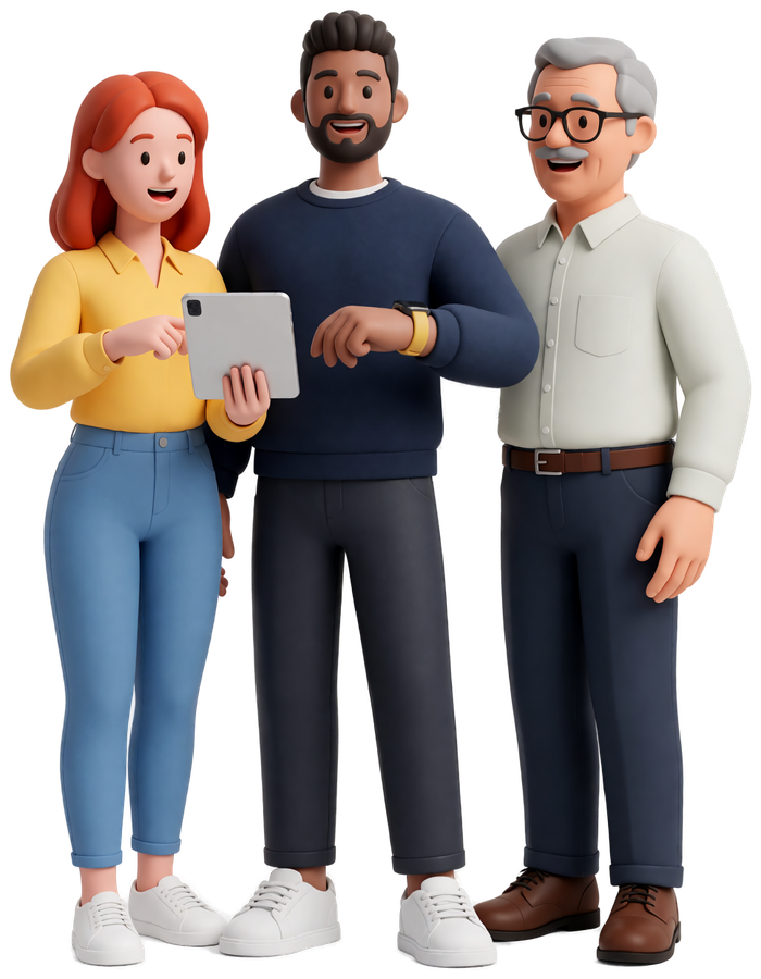 Illustrated founder with two colleagues around a tablet